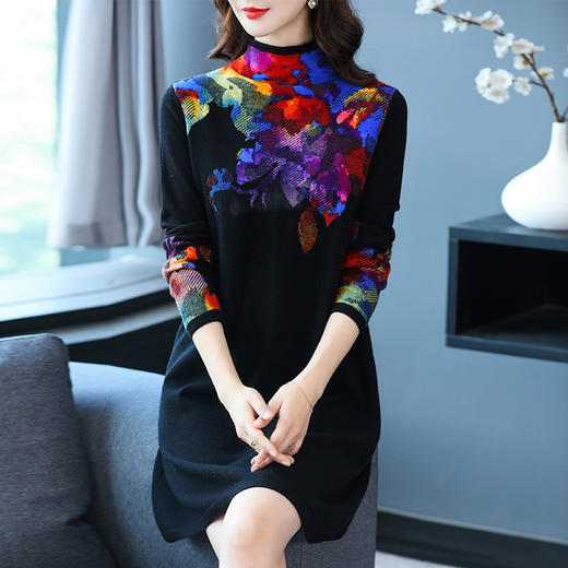 FCY SF2055半高领针织打底裙宽松印花套头毛衣连衣裙 商品图3