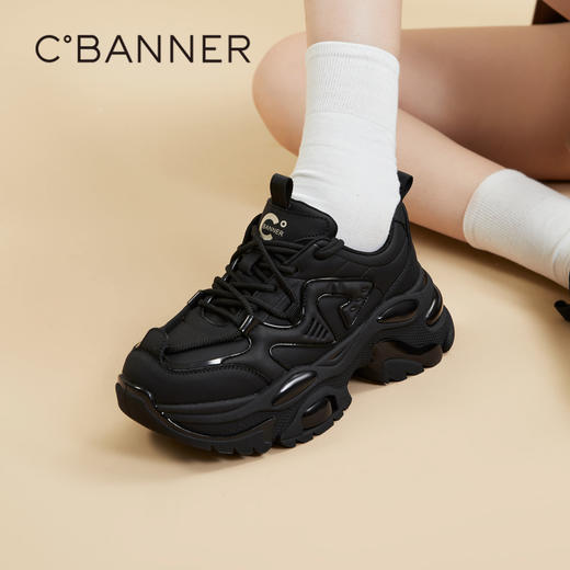 千百度厚底老爹鞋女春季黑色机能鞋时尚休闲运动鞋增高A24189903 商品图0