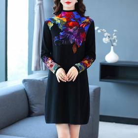 FCY SF2055半高领针织打底裙宽松印花套头毛衣连衣裙