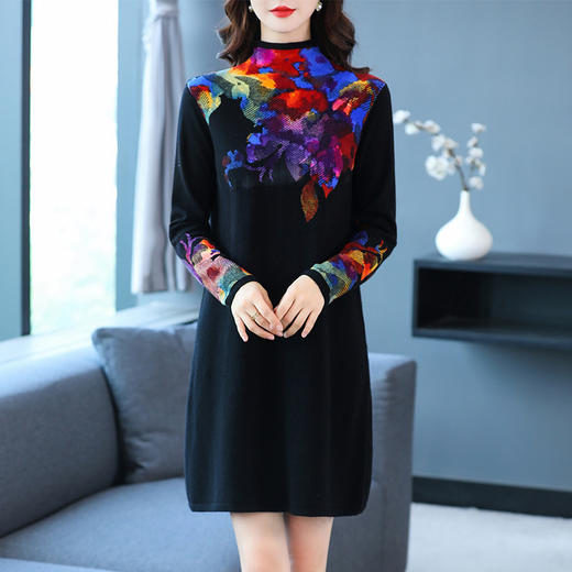 FCY SF2055半高领针织打底裙宽松印花套头毛衣连衣裙 商品图0