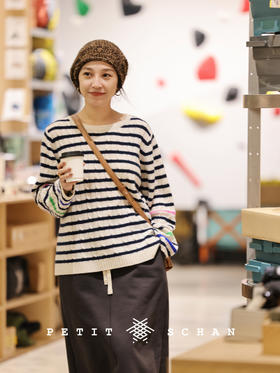 冬日彩虹 条纹撞色设计圆领针织经典扭花毛衣