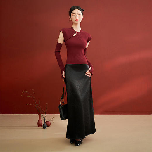 西遇新中式半高领盘扣针织毛衣女2024新款可拆卸袖套毛衣上衣10340089 商品图1