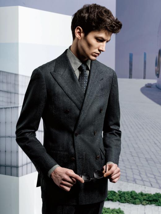 Stylbiella Super 120's 澳洲美丽诺羊毛精纺法兰绒中灰色宽条纹全麻衬套装 商品图0