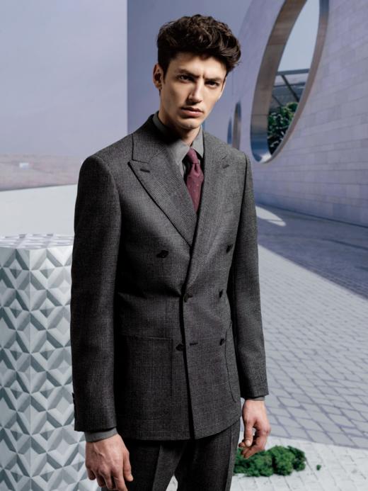 Stylbiella 澳洲美丽诺羊毛粗纺法兰绒320克灰色亲王格全麻衬套装 商品图0