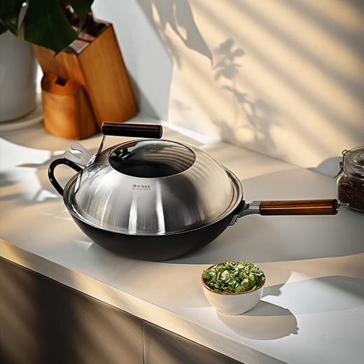 日本神田（KANDA）铁神3代中华炒锅纤维纹高纯铁物理不粘锅（含锅盖） 商品图1