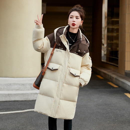 HR-WH8699连帽防风拼接撞色羽绒服女2023冬上新气质时尚宽松显瘦中长款外套 商品图2