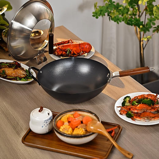 日本神田（KANDA）铁神3代中华炒锅纤维纹高纯铁物理不粘锅（含锅盖） 商品图6