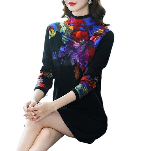 FCY SF2055半高领针织打底裙宽松印花套头毛衣连衣裙 商品图4