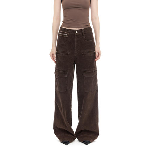 NUTH 水洗棕色复古做旧宽松直筒灯芯绒工装裤 商品图4