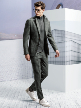 Stylbiella Super 120's 澳洲美丽诺羊毛精纺法兰绒灰绿色全麻衬套装