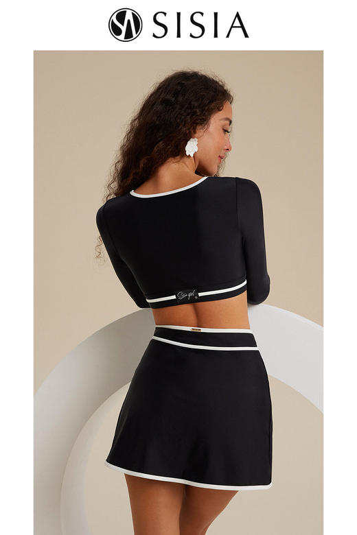 sisia新款泳衣女黑色长袖性感显瘦黑白撞色裙式分体温泉泳衣 商品图3