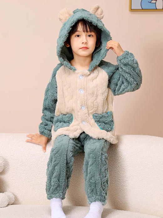 严选 | 儿童法兰绒连帽睡衣 A类品质 提花加厚长袖长裤男女童家居服套装 商品图3
