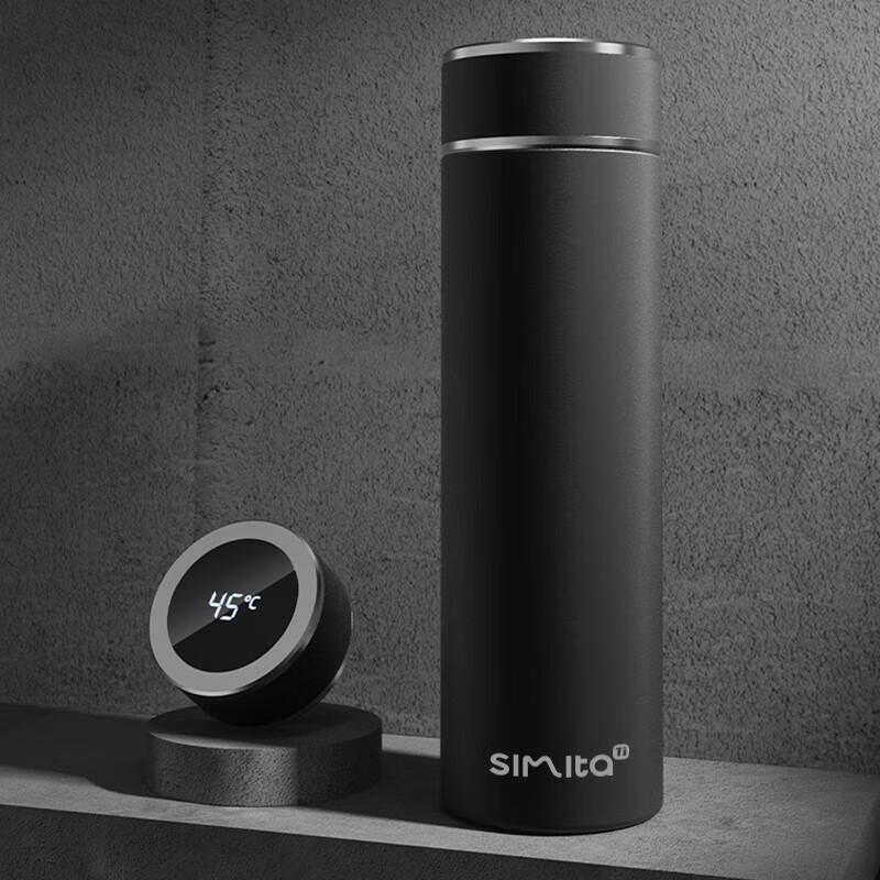 施密特（Simita）保温杯 纯钛内胆智能显温水杯泡茶杯男商务便携大容量带茶隔礼盒 尊贵黑MTi6002-048A