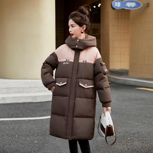 HR-WH8699连帽防风拼接撞色羽绒服女2023冬上新气质时尚宽松显瘦中长款外套 商品图1