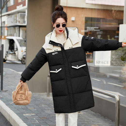 HR-WH8699连帽防风拼接撞色羽绒服女2023冬上新气质时尚宽松显瘦中长款外套 商品图3
