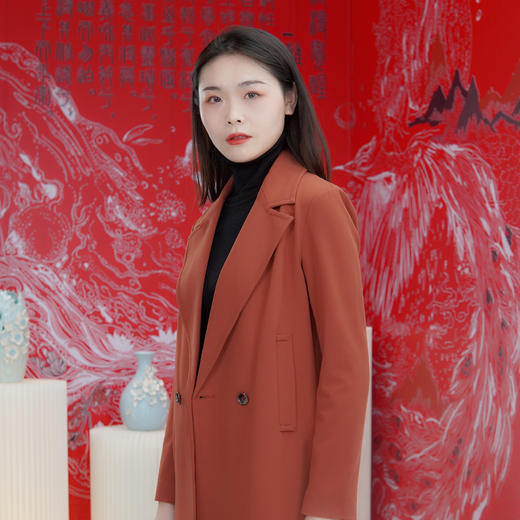 展厅【伯妮斯茵】时尚侧开叉中长款风衣 绯红色 黑色两色选153D078 商品图0