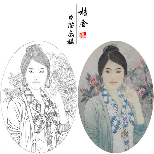 【大彩图】盘虎杰工笔画白描底稿小品《海棠》现代人物高清打印稿HJ40 商品图0
