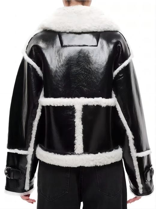 Shoreditch Ski Club - Leather Reva Shea Shearling Jacket - Black & White - 女装 - 夹克 - 黑白 商品图2