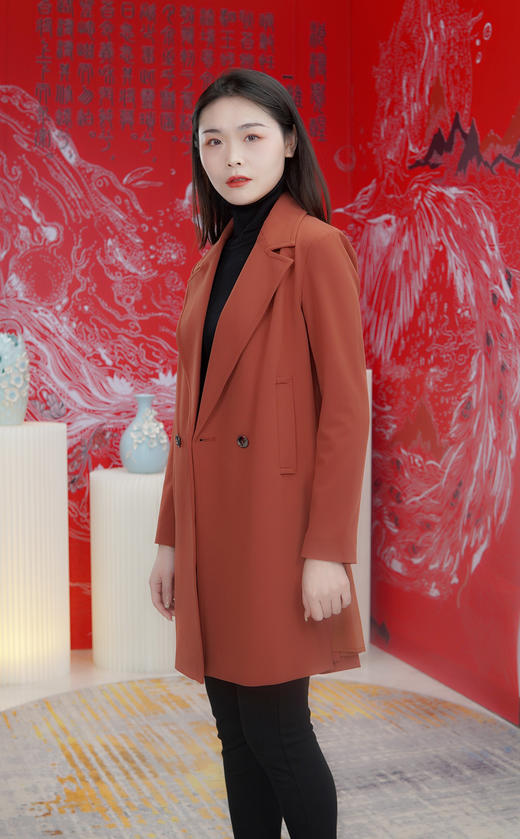 展厅【伯妮斯茵】时尚侧开叉中长款风衣 绯红色 黑色两色选153D078 商品图6