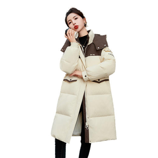 HR-WH8699连帽防风拼接撞色羽绒服女2023冬上新气质时尚宽松显瘦中长款外套 商品图4