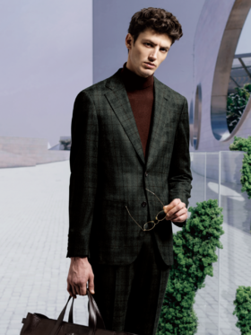 Stylbiella Super 120's 澳洲美丽诺羊毛精纺法兰绒墨绿色全麻衬套装