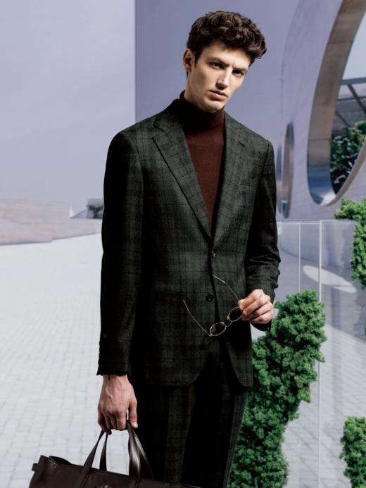 Stylbiella Super 120's 澳洲美丽诺羊毛精纺法兰绒墨绿色全麻衬套装 商品图0