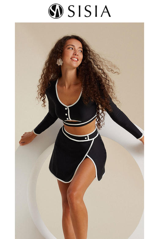 sisia新款泳衣女黑色长袖性感显瘦黑白撞色裙式分体温泉泳衣 商品图1