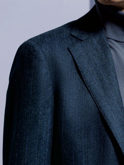 Stylbiella Super 120's 澳洲美丽诺羊毛精纺法兰绒牛仔蓝宽条纹全麻衬套装 商品图1