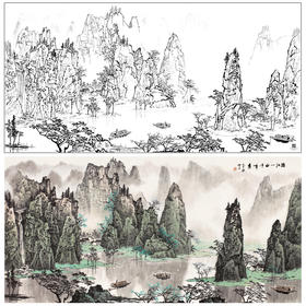 【大彩图】白雪石横幅工笔画白描底稿《漓江一曲千峰秀》临摹勾线高清打印稿BX01