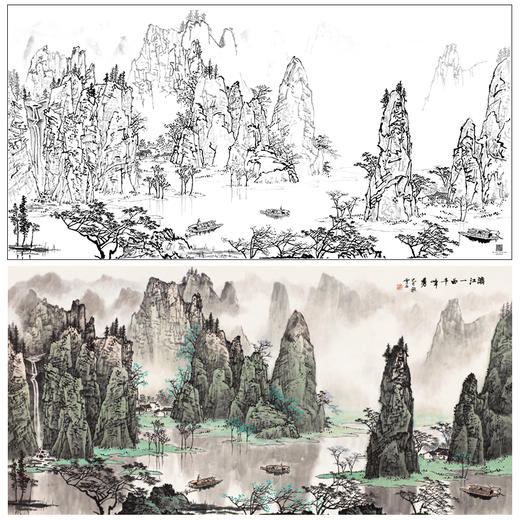 【大彩图】白雪石横幅工笔画白描底稿《漓江一曲千峰秀》临摹勾线高清打印稿BX01 商品图0