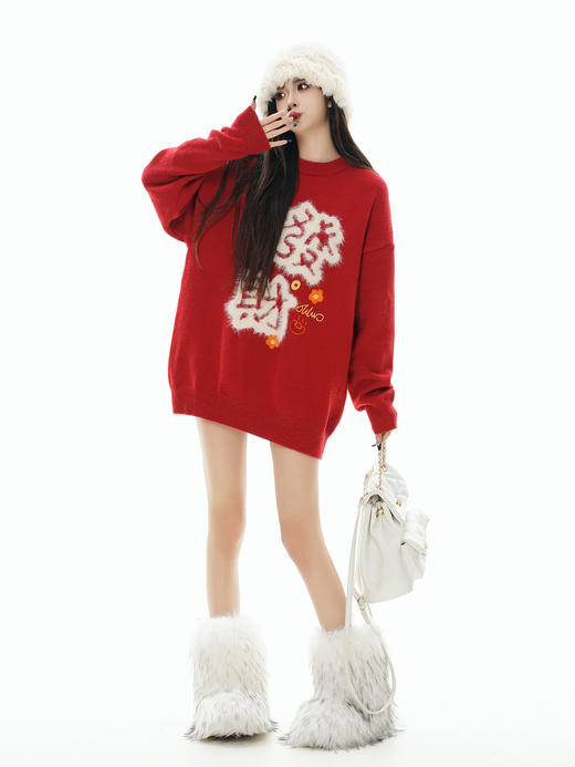 【服饰专场】秋冬新款实拍宽松美式国潮发财提花圆领针织毛衣 商品图0