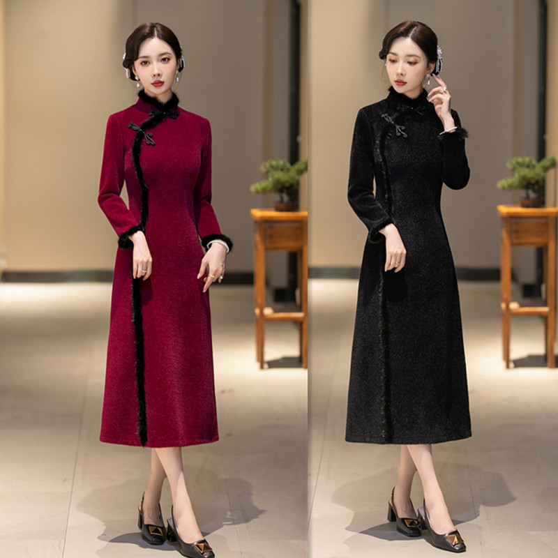 老上海复古改良新中式长款七分袖旗袍大摆裙2023冬新款旗袍GX-21804