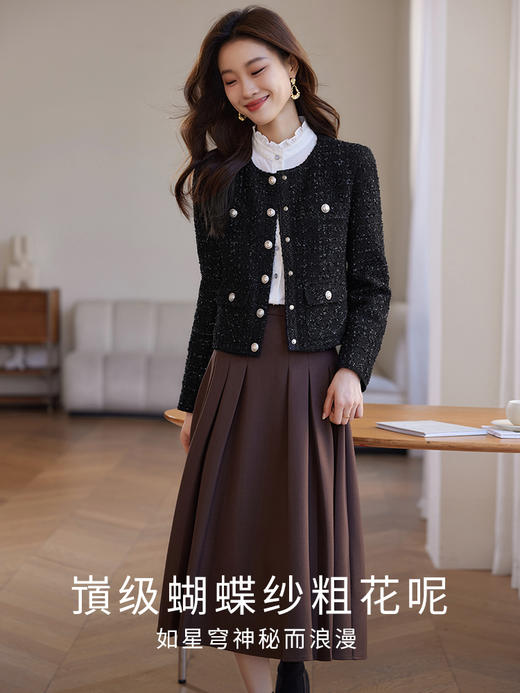 【年货节】熙世界小香风黑色外套女短款加厚夹棉名媛粗花呢上衣2025秋冬款 商品图2