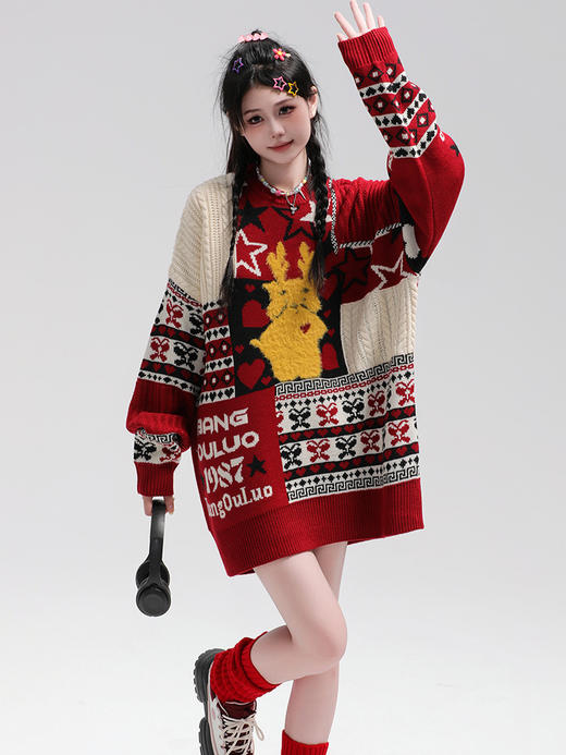 美式复古卡通民族风毛衣男女潮牌慵懒风宽松百搭情侣套头针织衫 商品图2