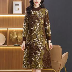 冬季新款毛衣裙，宽松时尚提花半高领加厚过膝长裙针织连衣裙CC-103-7766