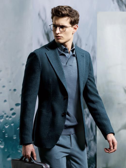 Stylbiella 羊毛蚕丝埃及棉混织孔雀蓝全麻衬单西 商品图0