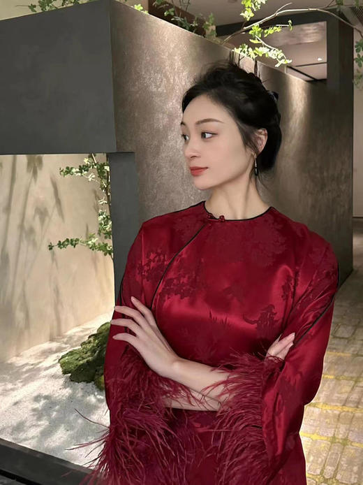 瑕疵|盛唐牡丹 |勃艮第红冠乐绉斜襟上衣[特价品] 商品图3