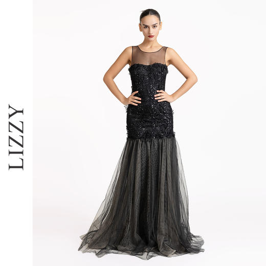 LIZZY时尚优雅重工刺绣立体钉花拼网纱裙摆长款宴会派对裙晚礼服5211 商品图2
