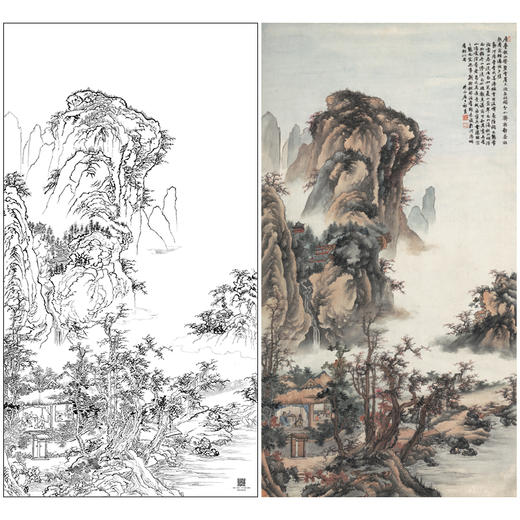 【大彩图】祁昆工笔画白描底稿《山水轴》临摹勾线高清打印稿A647 商品图0