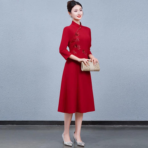 中国风改良旗袍连衣裙结婚礼服喜婆婆高贵红礼服QQX-23006 商品图4