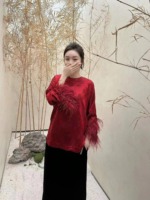 瑕疵|盛唐牡丹 |勃艮第红冠乐绉斜襟上衣[特价品] 商品图4