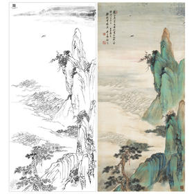 【大彩图】祁昆工笔画白描底稿《金碧青绿山水轴》临摹勾线高清打印稿A648