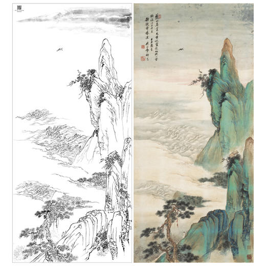 【大彩图】祁昆工笔画白描底稿《金碧青绿山水轴》临摹勾线高清打印稿A648 商品图0