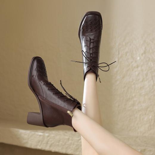 粗跟棕色中跟，方头瘦瘦靴英伦风短靴MBJR-639 商品图3