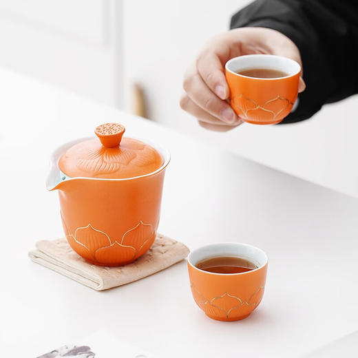 敦煌文创（DUNHUANG INSPIRATION）敦煌文创步步莲生快客杯一壶二杯便携茶具套装送长辈中秋节礼物 橙色 商品图6