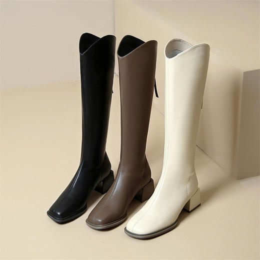 ZHR长筒靴女2023秋冬新款简约气质时尚洋气优雅复古及膝方头女靴 商品图12