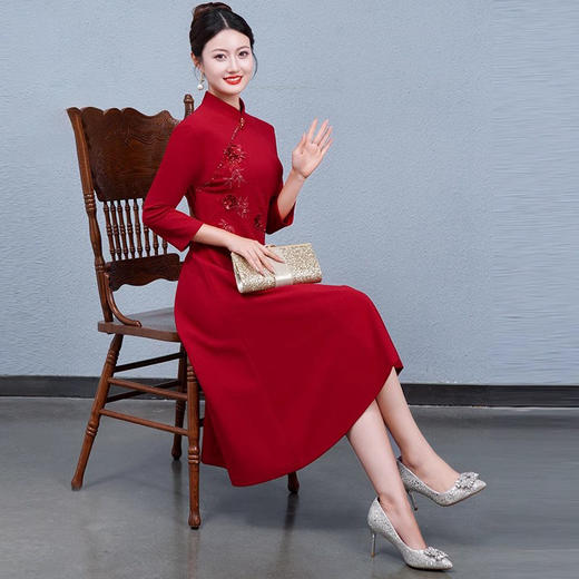中国风改良旗袍连衣裙结婚礼服喜婆婆高贵红礼服QQX-23006 商品图1