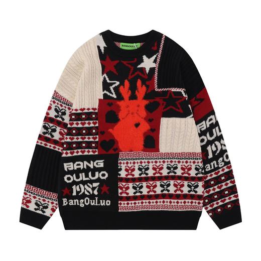 美式复古卡通民族风毛衣男女潮牌慵懒风宽松百搭情侣套头针织衫 商品图6