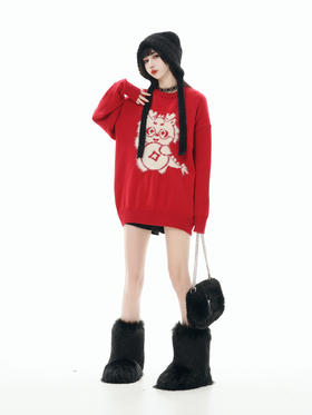 【服饰专场】秋冬新款实拍宽松美式国潮龙年提花圆领针织毛衣