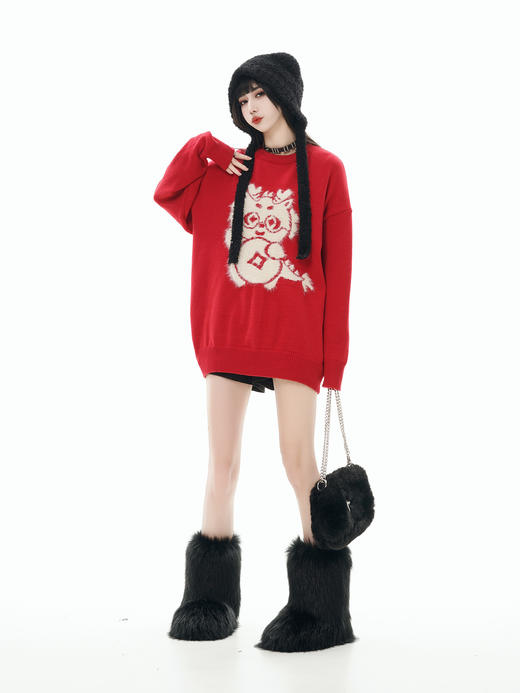 【服饰专场】秋冬新款实拍宽松美式国潮龙年提花圆领针织毛衣 商品图0